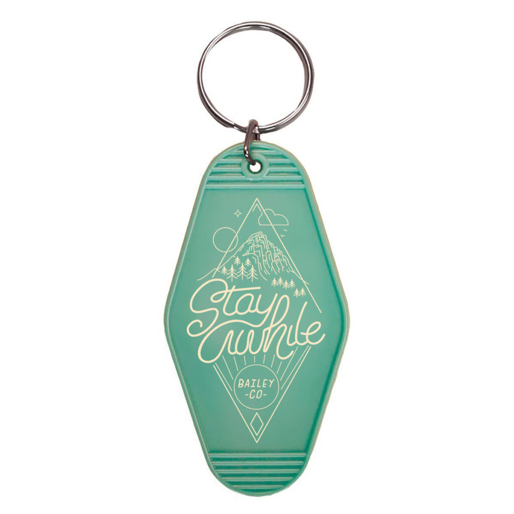Giggling Goat stay awhile motel keyring